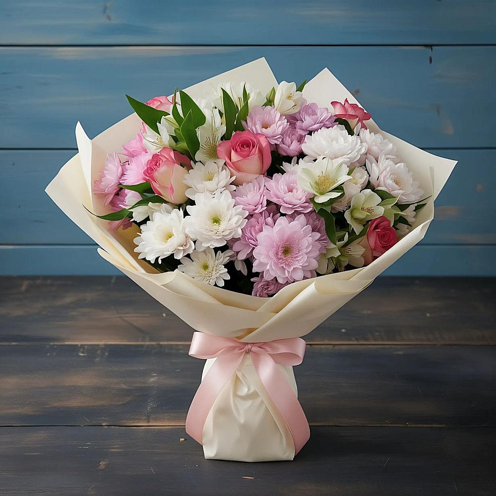 Букет цветов из: Хризантемы, Альстромерии и Розы в Мухене